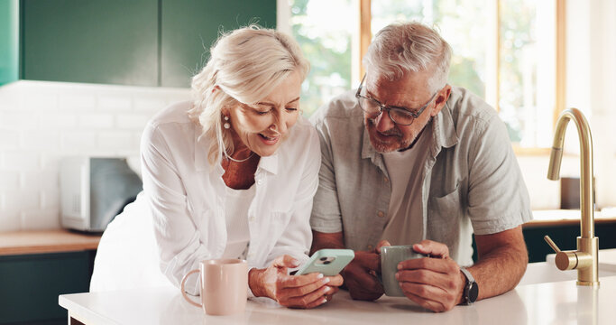 Morning, phone and smile with old couple in kitchen for retirement fund, social security benefits or news. Senior discount, membership application or update with people at home for annuity sign up