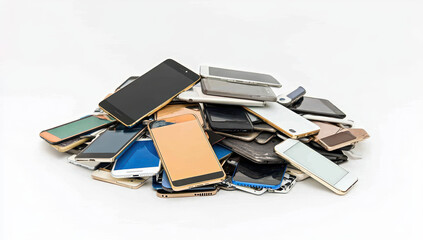 A collection of various smartphone models arranged in a pile