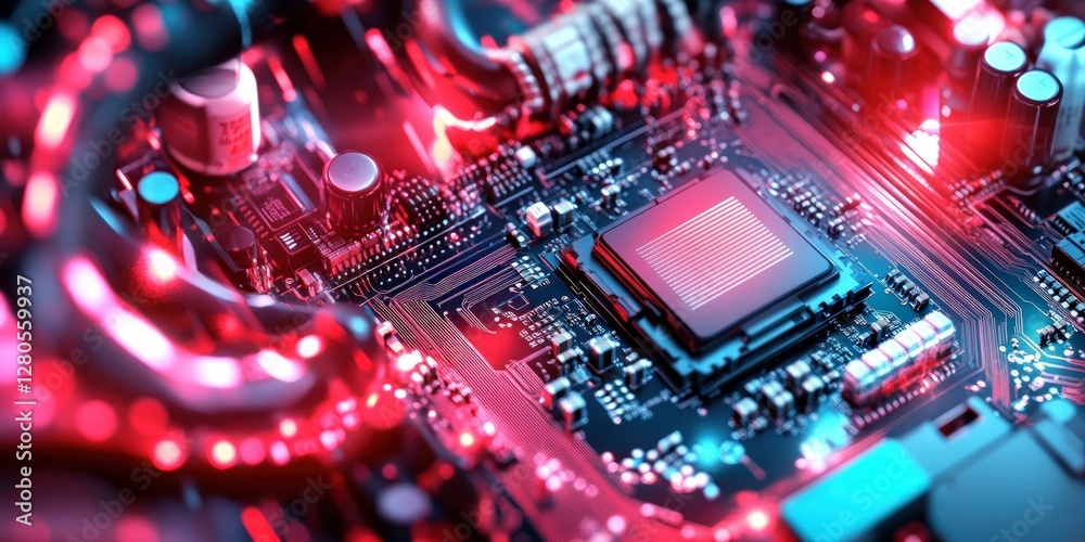Poster Close-Up of a Futuristic Computer Circuit Board with Red Lights