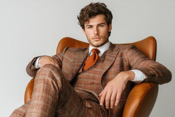 A stylish man with wavy brown hair sits confidently in a brown leather chair, wearing a brown checkered suit and orange tie.