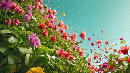 Vibrant flowers in colorful garden with petals floating in air, celebrating beauty of spring. scene evokes joy and freshness, perfect for nature lovers