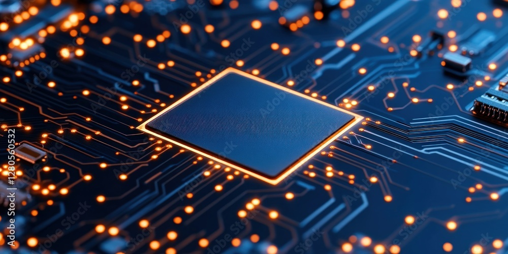 Poster Close-Up of Circuit Board with Microchip and Glowing Connections
