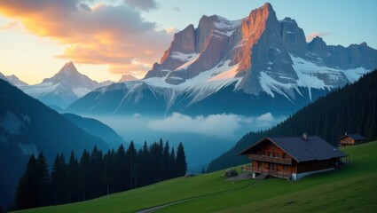 A charming wooden chalet on a green hillside with majestic snow-covered mountains and sunset clouds.

