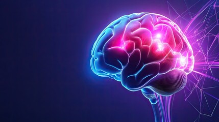 Abstract neon brain illustration with luminous neural networks firing in bright pink, blue, and purple hues, symbolizing deep learning.