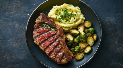 T-bone steak cooked to a tender pink center,
