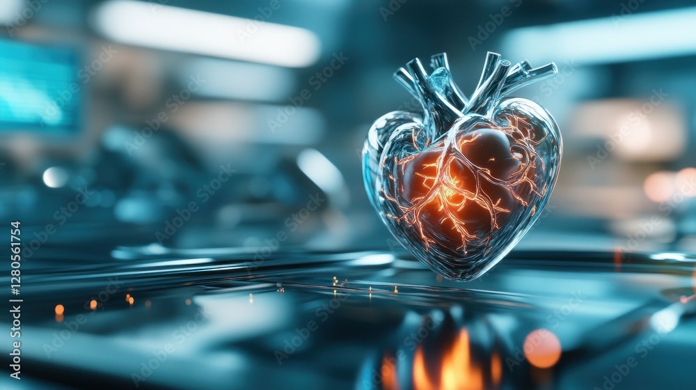 Poster transparent heart model with glowing core and futuristic background