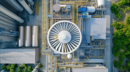 Fototapeta premium Aerial view of a high-powered cooling fan rotating atop a factory roof, providing ventilation under the bright midday sun.