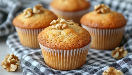 Delicious walnut muffins on checkered cloth