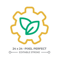 Cogwheel with leaves colorful line ui icon. Nature and technology integration. Eco friendly industry. Bio setting. Isolated vector duotone linear symbol. User interface element, pixel perfect