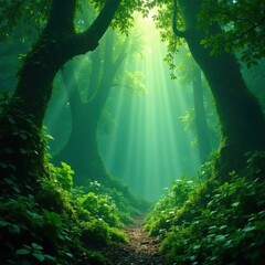 Dense emerald canopy, steam rising from jungle floor, Southeast Asia, fauna