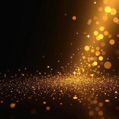 Gold glittery background with shining lights and sparkly particles, particles, dark