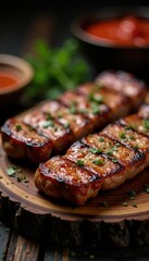 Succulent grilled meats, seasoned & arranged on rustic timber board, appetizer, smoke