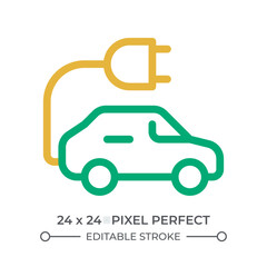 EV colorful line ui icon. Car with plug using electricity to drive. Clean electric vehicle riding. Ecology care. Isolated vector duotone linear symbol. User interface element, pixel perfect