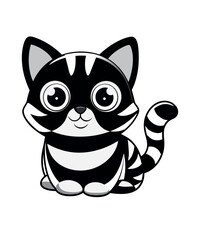 Cute Black and White Cartoon Cat with Big Eyes Vector Illustration