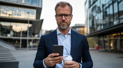 Professional man using smartphone outdoors, wearing glasses and holding coffee. Modern architecture in background creates dynamic urban atmosphere