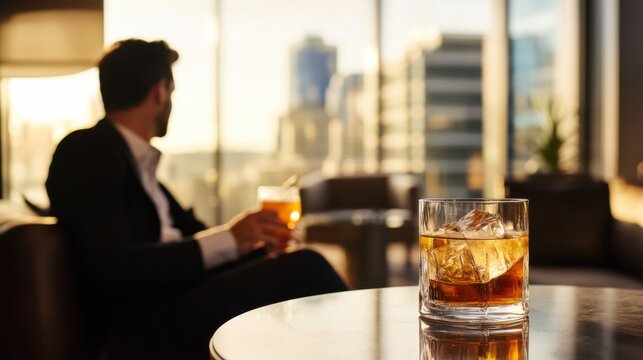 Alcohol consumption at a luxury hotel bar with cocktails and city views. Featuring elegance and indulgence