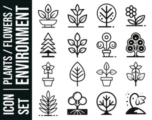 Ensemble d'icônes unicolore, symbolisant des arbres, des plantes et des fleurs. Pack d'icônes écologie et développement durable, vecteur