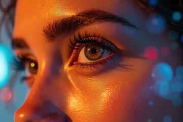 Fototapeta premium dlss Microdosing Qd-oled Emdr Psilocybin therapy Deepfake video maker Motion array Soulgen Glamnetic Lalaland ai Close-up of golden glowing female face with expressive brown eyes and long eyelashes l