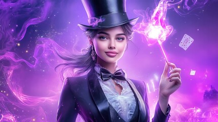 A cheerful magician lady in a sleek tuxedo and top hat, holding a glowing wand with a joyful expression, promoting a party on a purple-themed backdrop.