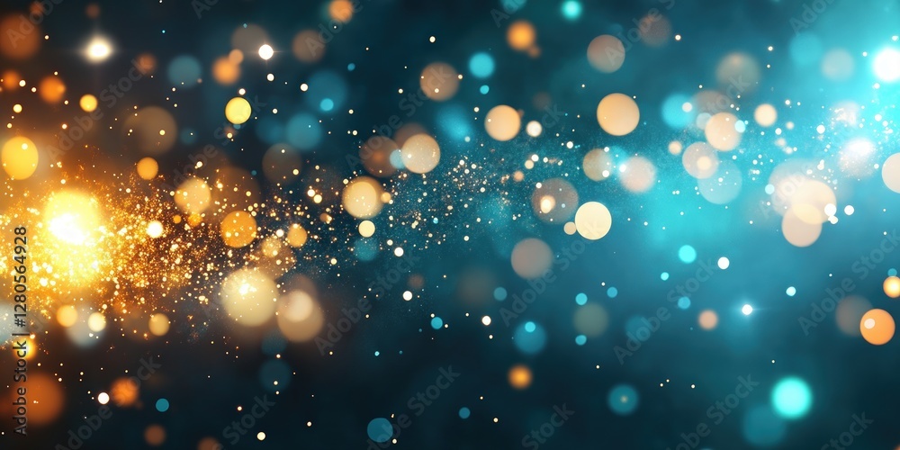 Poster vibrant bokeh lights in gold and blue with sparkling effects
