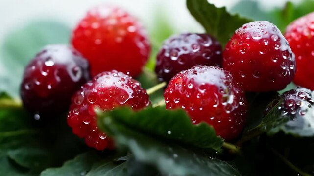 Vibrant macro video, gentle tilt, shifting focus between cranberries and dark green leaves, soft diffused light, muted background