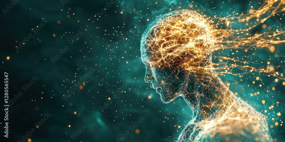 Poster abstract representation of human mind with light trails and particles