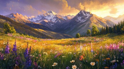 A scenic mountain range with vast meadows filled with flowers, bathed in golden sunlight.