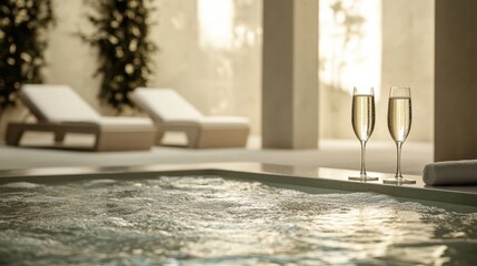Alcohol consumption at a luxury spa with champagne and relaxation. Featuring wellness and indulgence
