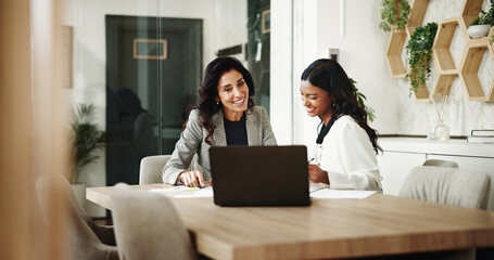 Meeting, women and business people with laptop in office, investment project and discussion....