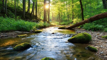 A crystal-clear forest stream flowing gently, illuminated by golden sunlight filtering through dense, vibrant green foliage.