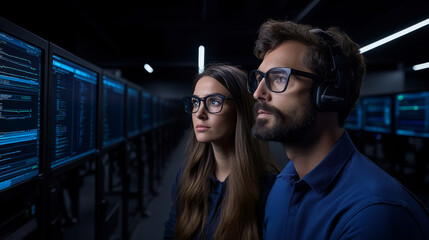focused man and woman in glasses working in high tech environment, analyzing data on multiple screens, showcasing teamwork and concentration