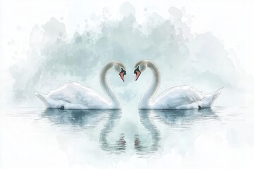 minimalist illustration of two graceful swans forming heart shape on serene water surface, delicate line art style with subtle watercolor effects