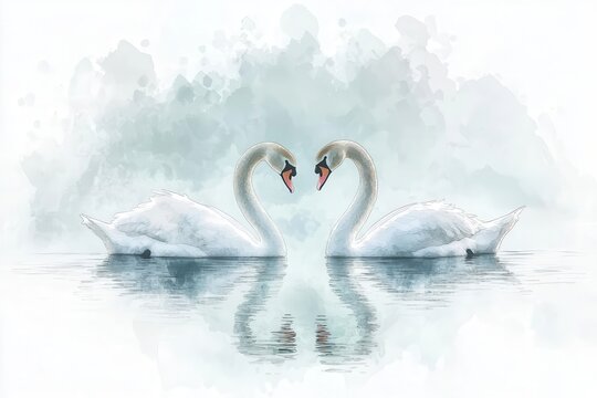 minimalist illustration of two graceful swans forming heart shape on serene water surface, delicate line art style with subtle watercolor effects