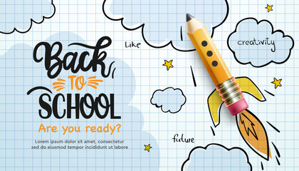 Back to School web banner. Pencil rocket ship and doodle style drawing. Digital internet tutorials and courses, online education, e-learning. Template for website, landing page and mobile app