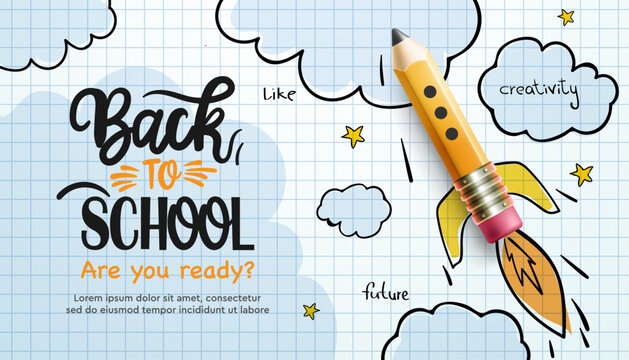 Back to School web banner. Pencil rocket ship and doodle style drawing. Digital internet tutorials and courses, online education, e-learning. Template for website, landing page and mobile app