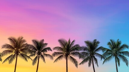 A vibrant sunset with palm trees silhouetted against a colorful gradient sky, creating a serene and tropical atmosphere.