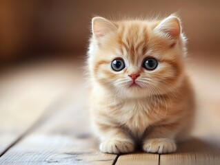 Cute ginger kitten on wood floor