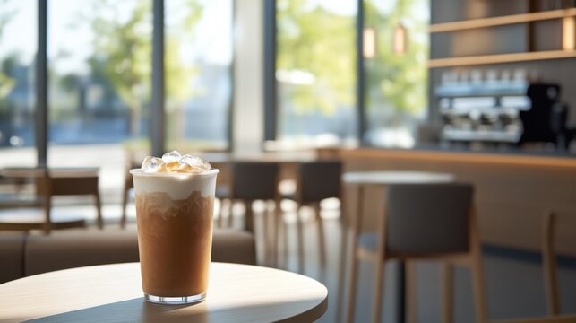 Alcohol consumption at a modern coffee shop with iced coffee and minimalist décor. Featuring casual vibes and relaxation