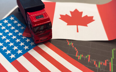 US canada flag in the background. Truck, transport, freight transport. Freight and logistics concept