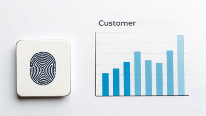 Fingerprint scanner device next to customer growth chart on white background