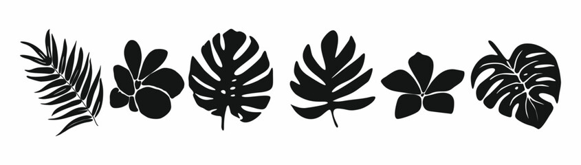 Tropical leaves and flowers black silhouettes set. Flat vector illustrations isolated on white background