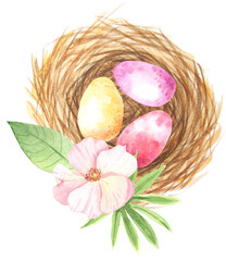 Colorful watercolor Easter nest with eggs