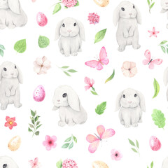 Seamless pattern with watercolor bunny and easter eggs