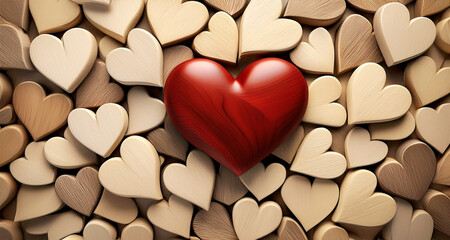 Obraz premium Extreme close-up of a red wooden heart among many brown hearts, hearts background for Valentines day. Generative Ai.