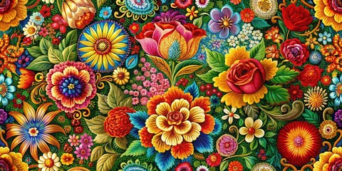 Vibrant AI-Generated Textile Art: Colorful Floral Patterns & Intricate Embellishments