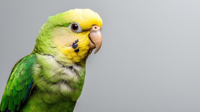Yellow-crowned amazon parrot portrait, bird pet, home, gray background, animal photography
