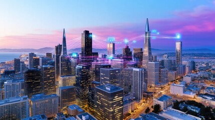 Obraz premium A hyper-connected view of San Francisco financial district, overlaid with holographic social media updates, smart energy grids, and real-time AI surveillance.