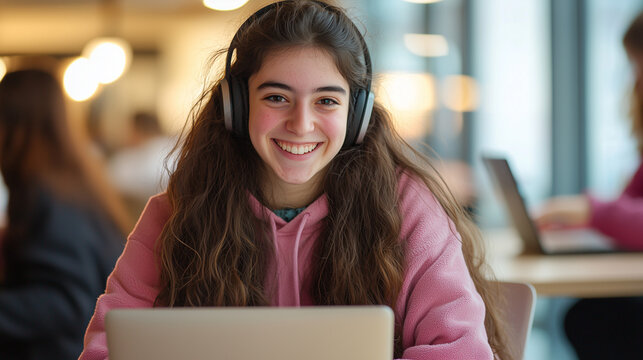 Pretty female college student studying with laptop wearing headphones over head in the university library, 