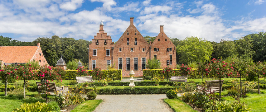 Panorama of the garden at the Menkemaborg mansion in Groningen, Netherlands