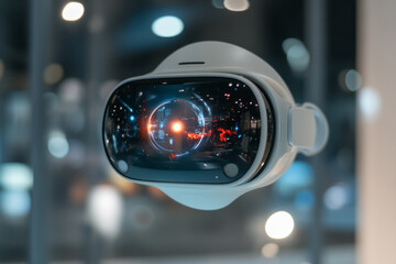 Immersive virtual reality headset showcasing advanced technology and design. sleek device features futuristic display, highlighting digital graphics and vibrant colors
